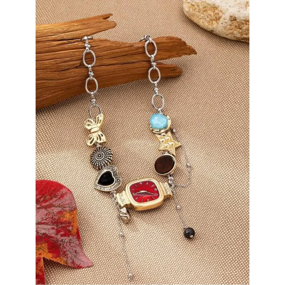Vintage Charm Watch Necklace Red Pendant Gold Statement Choker Tarnish Proof